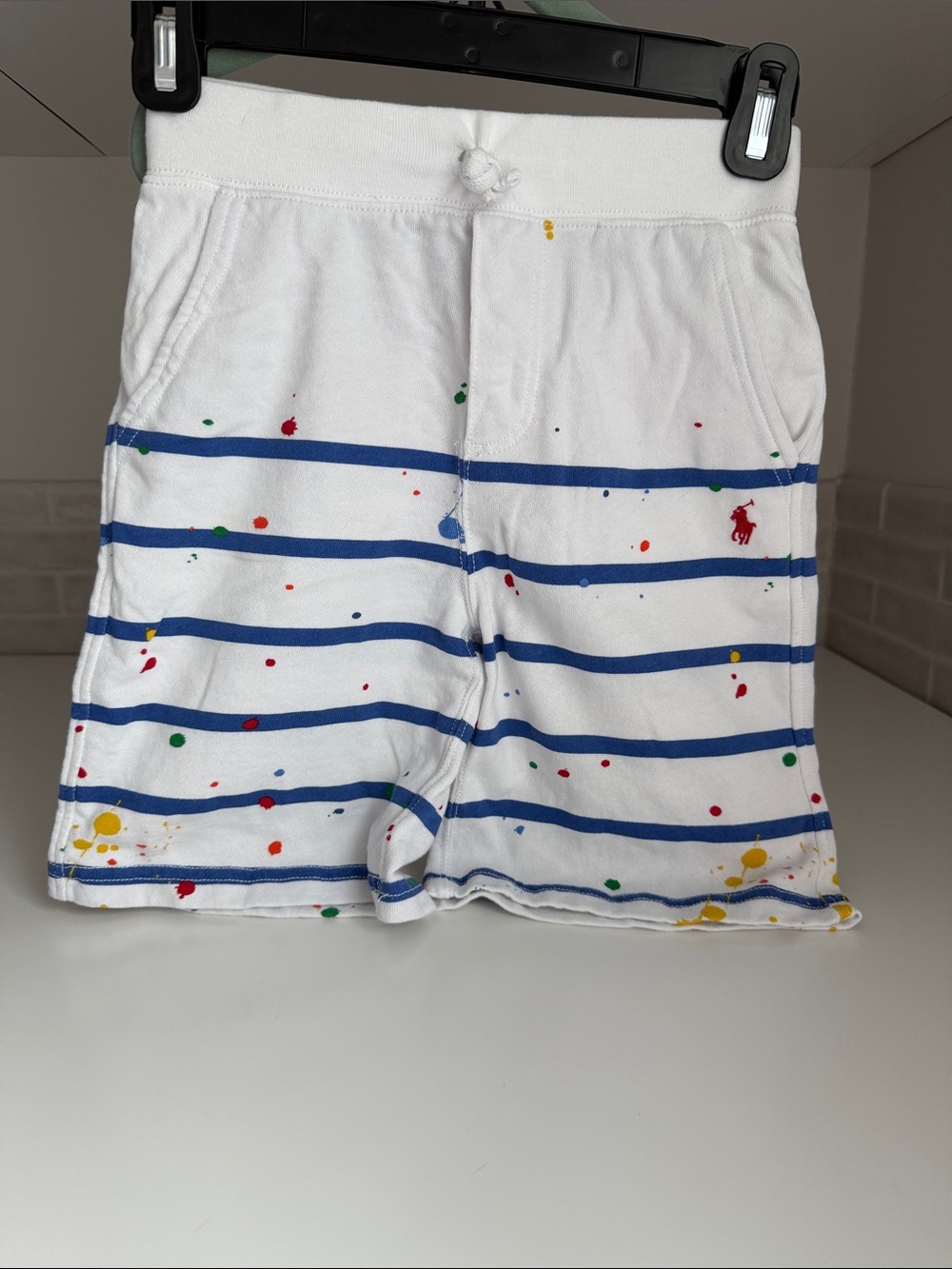 Ralph Lauren White Shorts with Blue Stripes and Multicolor Paint Splatters